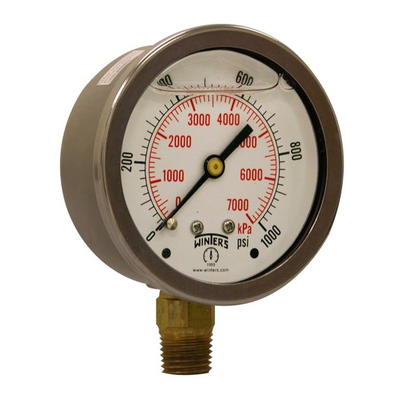 Manómetro Winters, esfera de 2,5 cm, relleno de líquido, 0-1000 psi