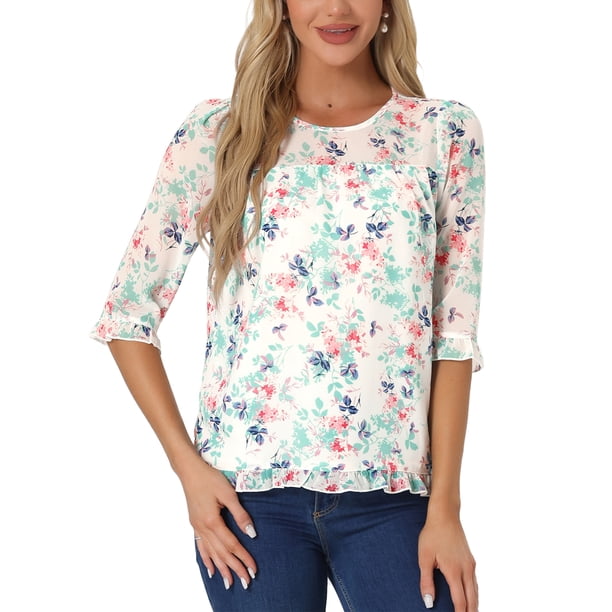 INSPIRE CHIC Camisas de Mujer de Manga 3/4 Blusas de Chifón Floral Blanco-Rosa Blanco Floral M