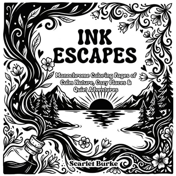La tinta del libro para colorear escapa de la naturaleza tranquila y monocromática de los lugares ac