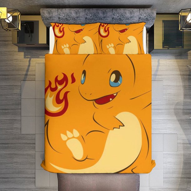 PokmonCharmander 3 Piece Sets Full/Queen Size - Reversible Microfiber Quilts with Shams Soft Lightweight Bedspread Coverlet Comforter for All Season Bed Sheets