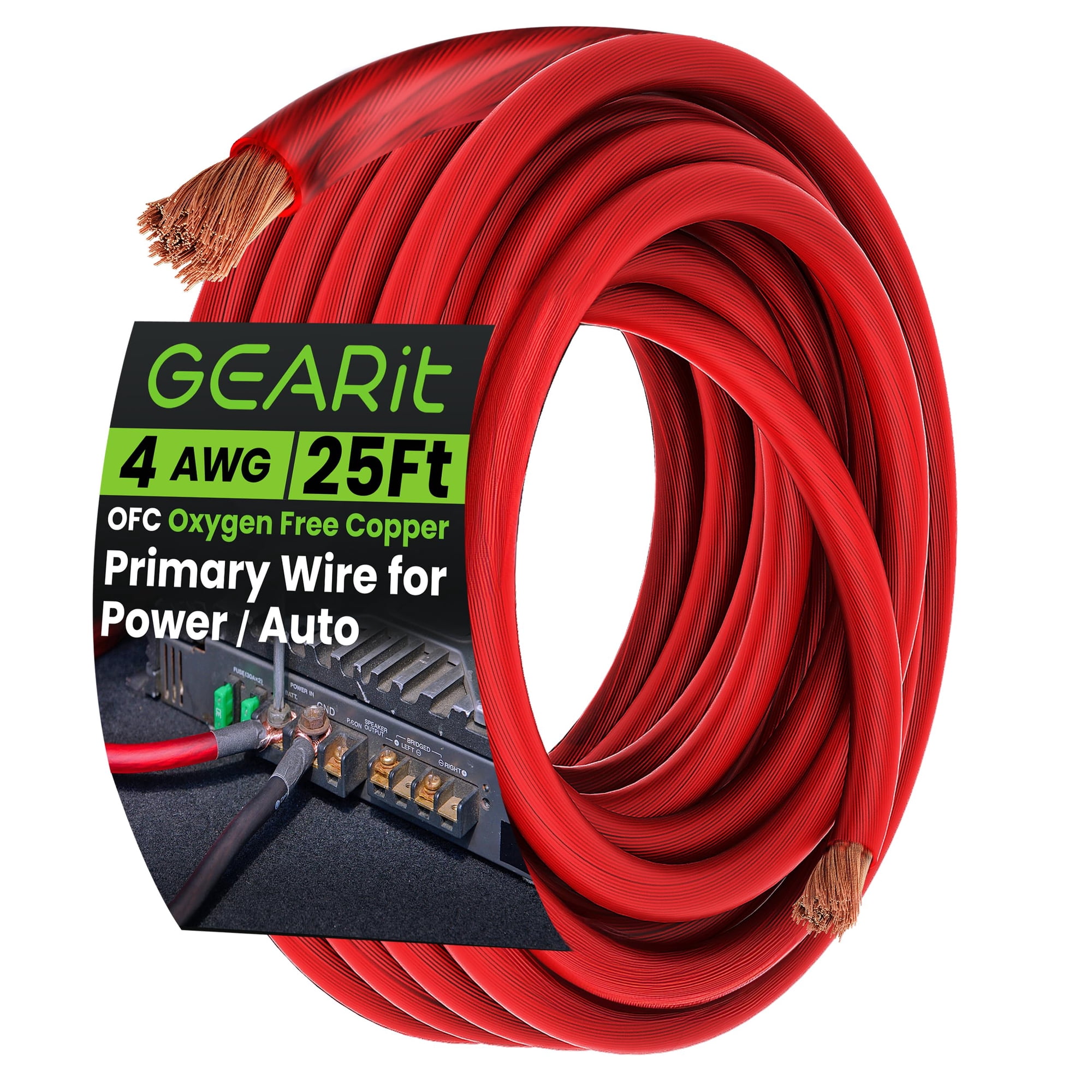 Gearit - Wire Cobre Sin Oxígeno Calibre 4 Ofc 25 Pies Rojo Translúcido