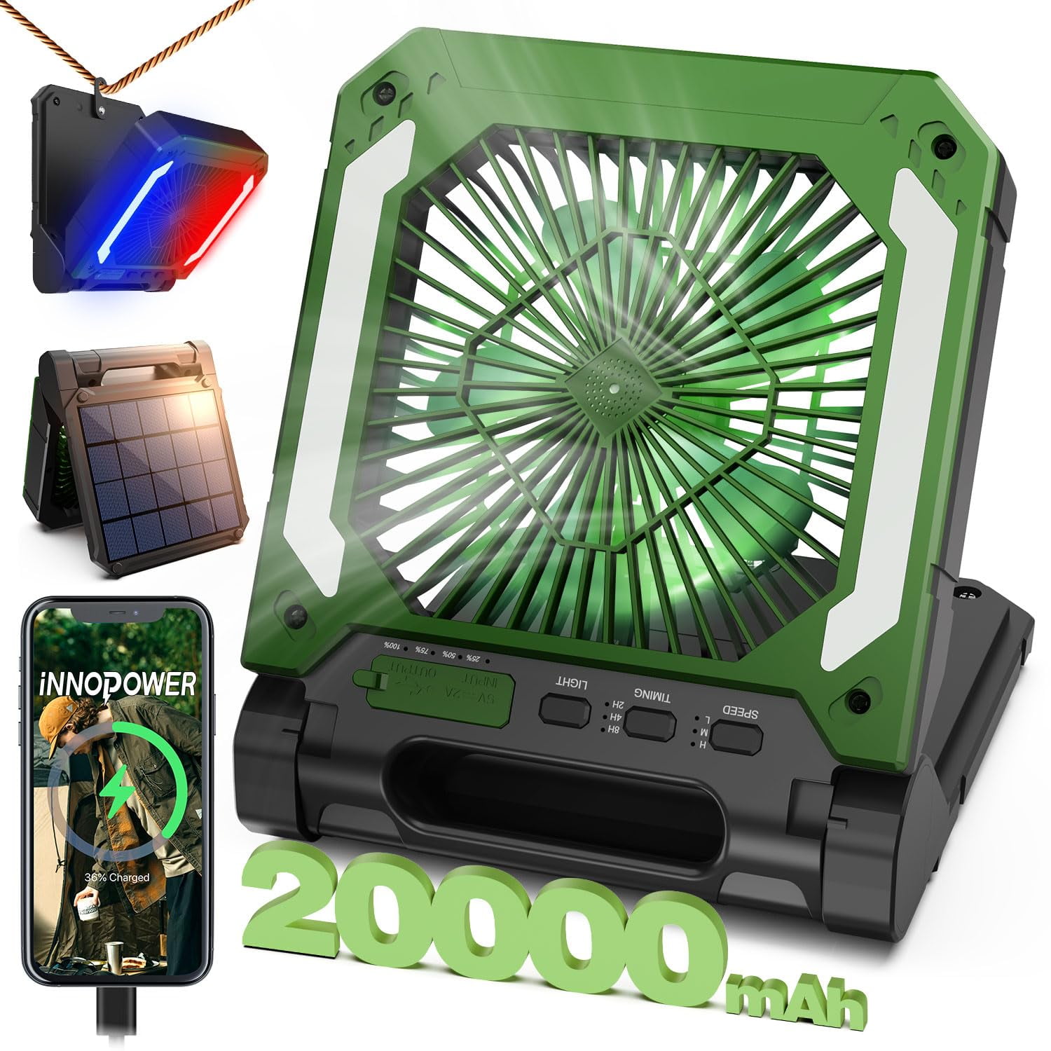 Innopower - Ventilador Solar Recargable Para Acampar De 20000 Mah Con Linterna Led Verde