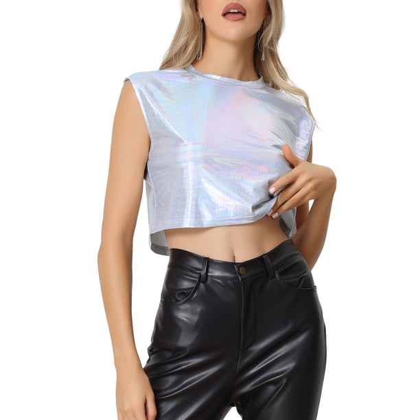 INSPIRE CHIC Top de Tanque Metálico para Mujer Cuello Redondo Fiesta Sin Mangas Crop Top Holográfico XL Plateado-Cuadros