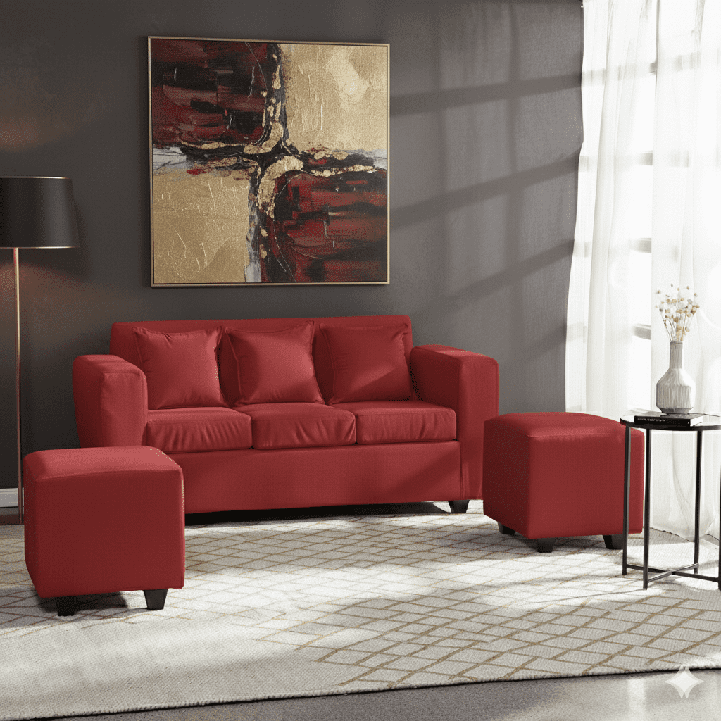 Deco Outlet - Living Kansas 3 Cuerpos + 2 Pouf Felpa Burdeo