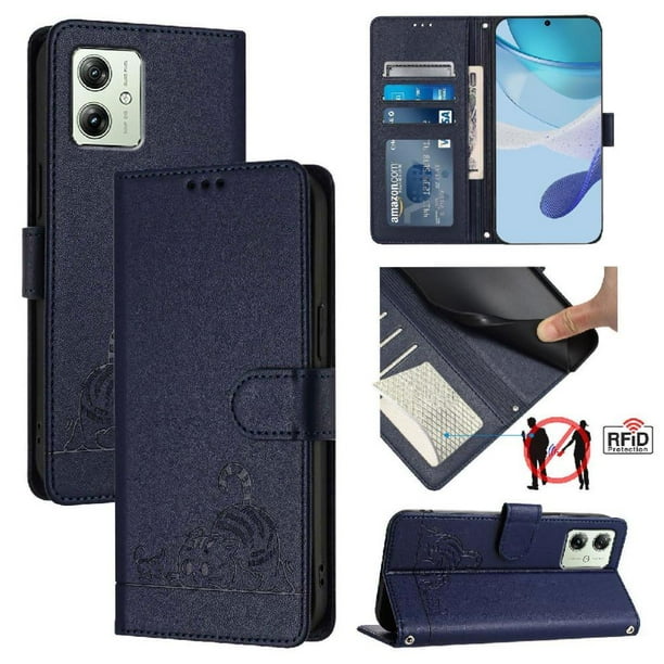 Funda tipo cartera FOXDOCK para Motorola Moto G14 4G con soporte, ranuras, RFID, diseño de gato