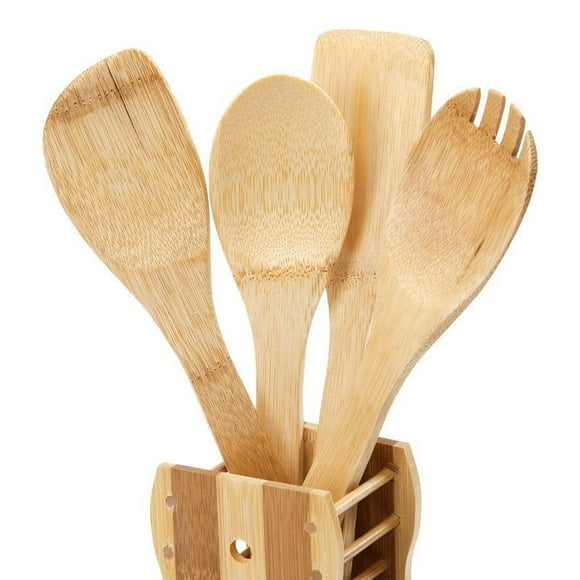 Juego Utensilios Madera Con Soporte Base 4 Piezas Cocina