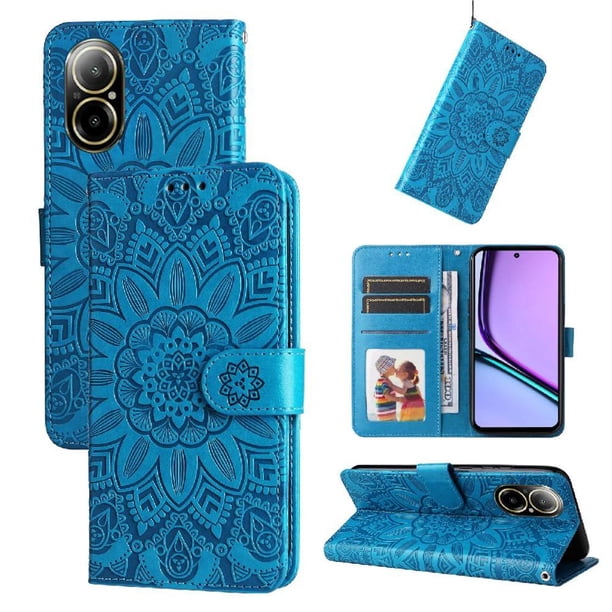 Funda tipo cartera FOXDOCK para Realme C67 4G , diseño girasol en relieve, cuero PU, cierre magnético, soporte y tarjetero