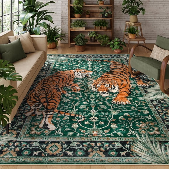 Alfombra lavable Moynesa Tiger de 8 x 10 pies, color verde vintage, para sala de estar