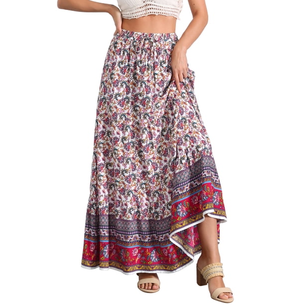 INSPIRE CHIC Faldas Boho para Mujer Estampado Floral Primavera Verano Cintura Elástica Casual Faldas Maxi XL Blanco Púrpura
