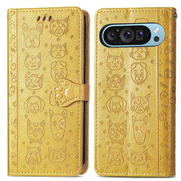 Funda Cartera FOXDOCK para Google Pixel 9 Pro XL , Flip PU con Relieve de Gatos y Perros, Tarjetero y Soporte