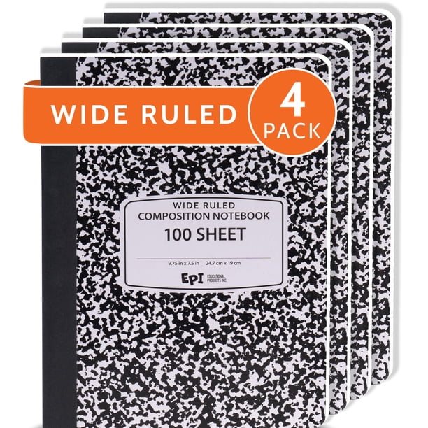 Pack de 4 - Cuadernos de composición de tapa dura con diseño de mármol y rayado amplio | 200 páginas (100 hojas), 24,8 x 19,0 cm, encuadernación cosida resistente | Escuela, oficina, diario, notas