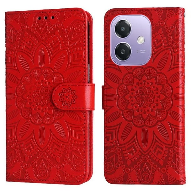 Funda tipo cartera FOXDOCK para OPPO A5x 4G/5G , diseño girasol en relieve, cuero PU, cierre magnético, soporte y tarjetero