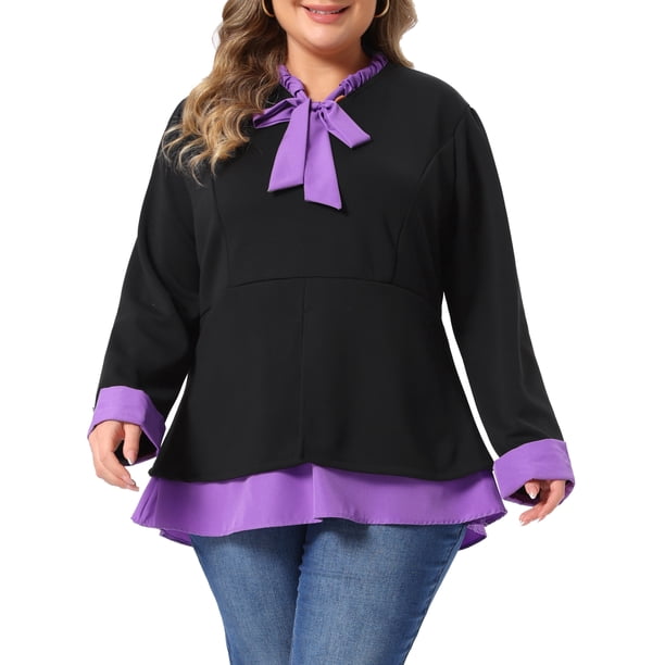 Blusa de Oficina Casual Suave de Manga Larga 2 en 1 con Lazo en el Cuello y Bloque de Color para Mujer de Talla Grande de Agnes Orinda 2X Púrpura