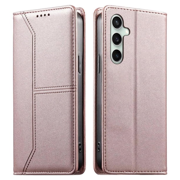 Funda tipo cartera con bloqueo RFID para Samsung Galaxy S24 FE cubierta magnética de cuero con tapa y soporte Rosa