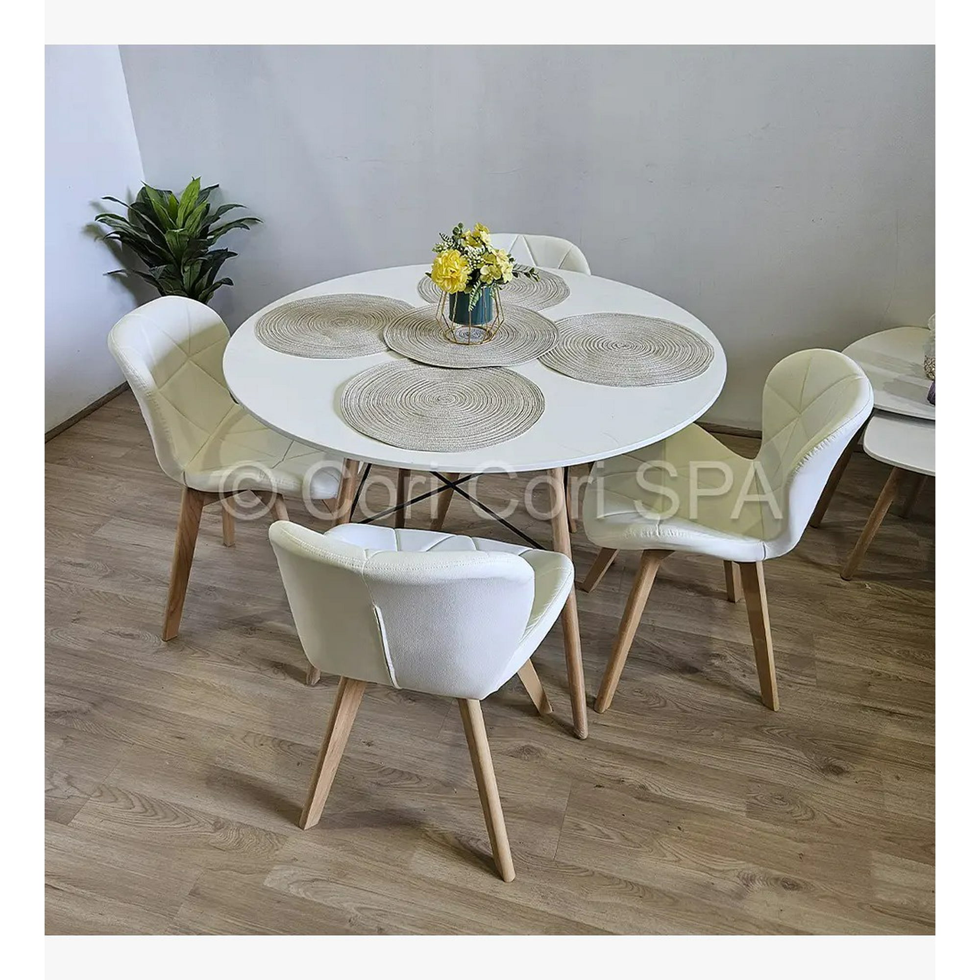 Cori Cori - Comedor Mesa Eames Melamina Blanco 100cm + 4 Sillas Mariposa Wood Beige