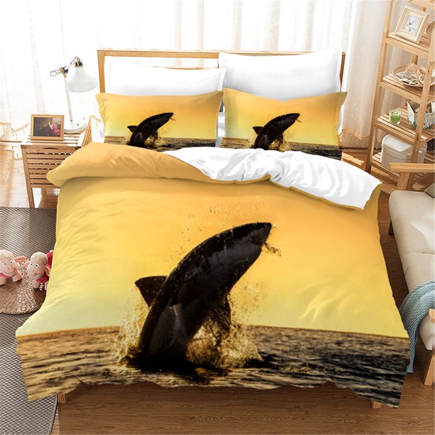 v2808 Bed Sheets Blue Ocean Sharks Duvet Cover with Pillow Cover Bedding Set Single Double Twin Full Queen King Size Bed Set for Bedroom Decor 3-Piece Bedding Set (1 Duvet Cover + 2 Pillow Shams) Bed