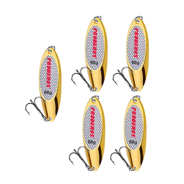 5 piezas de cucharas de pesca, cebos y señuelos para lubinas, cucharas de fundición, cebos metálicos para jigging, cebos para pescar leucomas, truchas Oro 60g