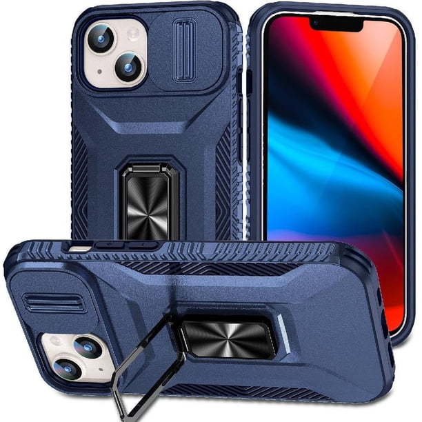 Funda Armada para iPhone 15 Plus con Tapa Deslizante y Soporte Magnético Giratorio Azul