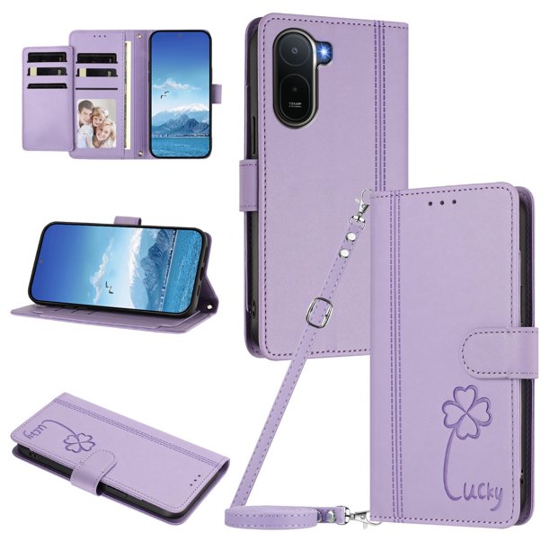 Funda Cartera Trébol para Xiaomi Poco C81 4G con Ranuras Tarjetas y Carga Inalámbrica Morado claro