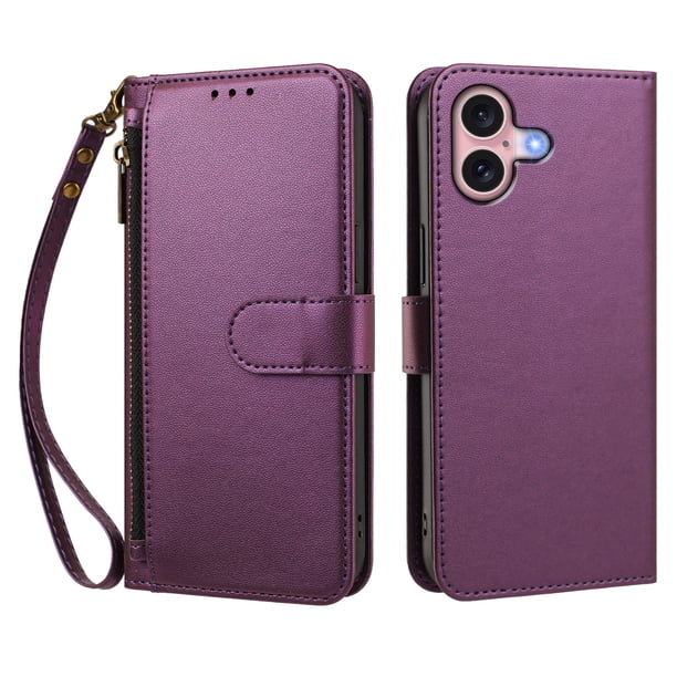 Funda Tipo Billetera para iphone16 con Soporte y Bolsillo con Cierre Violeta intenso