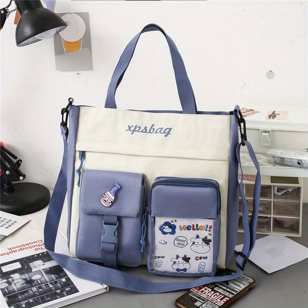 Preppy Style Crossbody Bag, Pockets Front Shoulder Bag, Casual Nylon Student School Bag