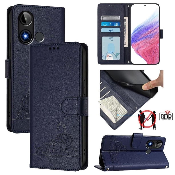 Funda tipo cartera FOXDOCK para BLU C9 con soporte, ranuras, RFID, diseño de gato