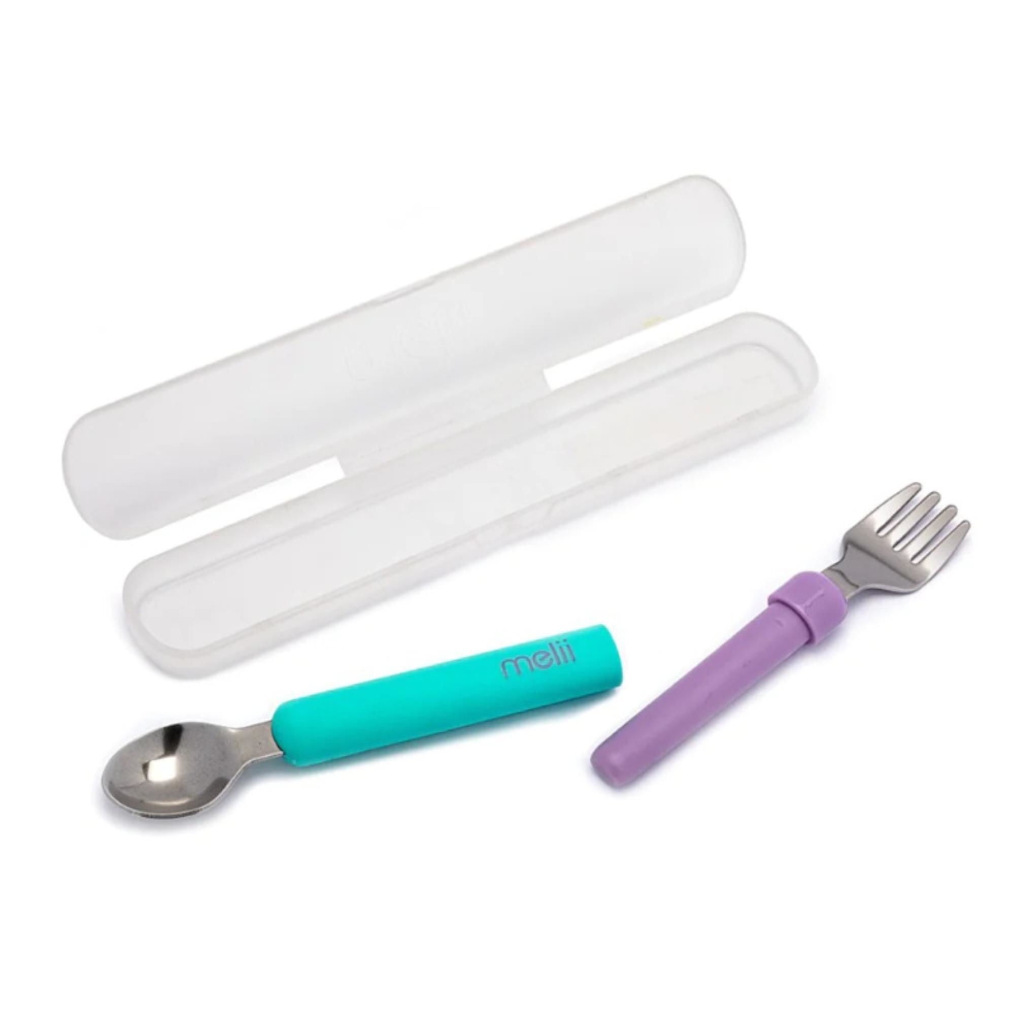 Melii - Utensilio Para Alimentación Set Cuchara Y Tenedor Desmontable Azul Y Morado.