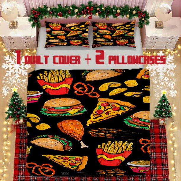 Fast Food Hand-Drawn Illustration Bedding Set Polyester Fabric Decorative & Warm Ideal for Bedroom or Guest Room