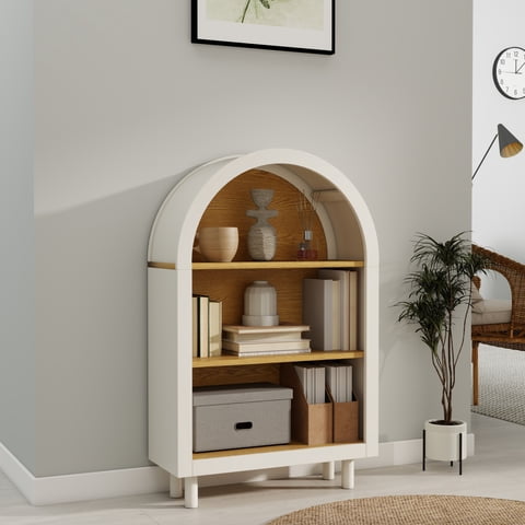 M&Ms - Arched Small Bookcase,Arched Storage Cabinet,Wooden Modern Arched Top Bookshelf With 3 Shelves,White With Woodgrain Shelves, 3-Tier Storage Shelf For Living Room, Bedroom, Entryway