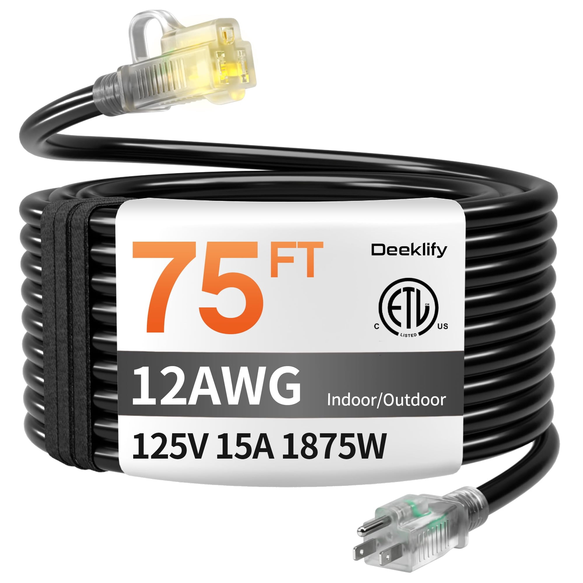 Cable De Alimentación Deeklify De 75 Pies, 12 Awg, Impermeable Para Exteriores, 125 V, 15 A