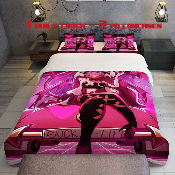3pcs Pink And Purple Future Style X Pattern Tights Cyberpunk Theme Printed Three Piece Bedding Set Soft Quilt Cover And Two Pillowcases