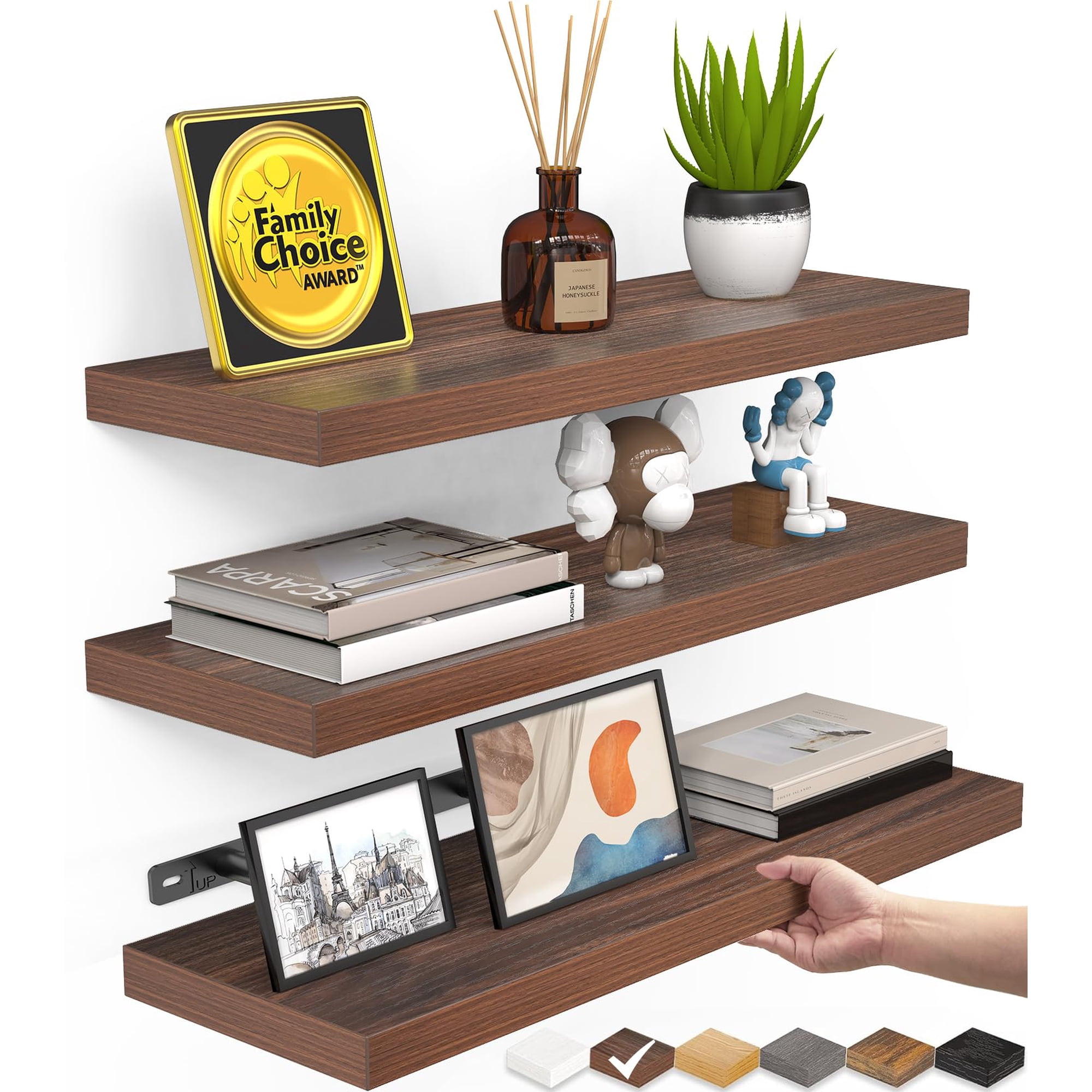 Set De 3 Repisas Flotantes Bayka De Madera Rústica Nogal 40 Cm