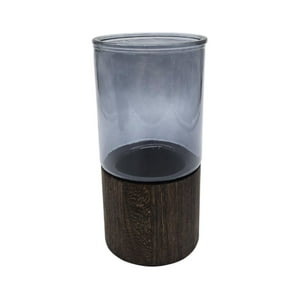 Fliperex - Florero Decorativo De Vidrio Liso Tonos Gris Con Base Madera Cafe