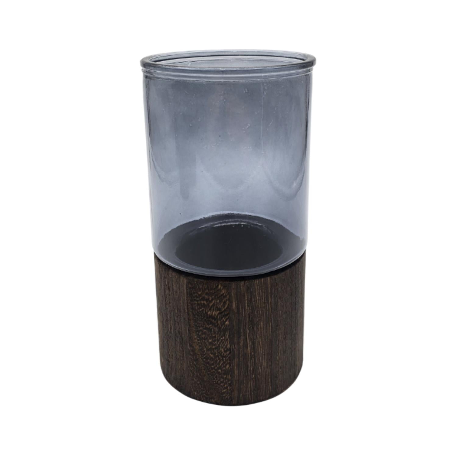 Fliperex - Florero Decorativo De Vidrio Liso Tonos Gris Con Base Madera Gris Oscuro