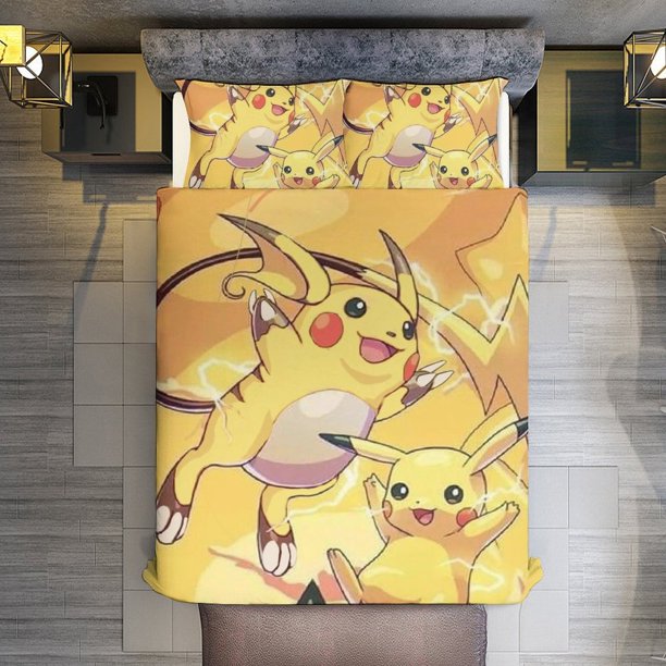 Pichu Pikachu & Raichu 3 Piece Sets Full/Queen Size - Reversible Microfiber Quilts with Shams Soft Lightweight Bedspread Coverlet Comforter for All Season Bed Sheets