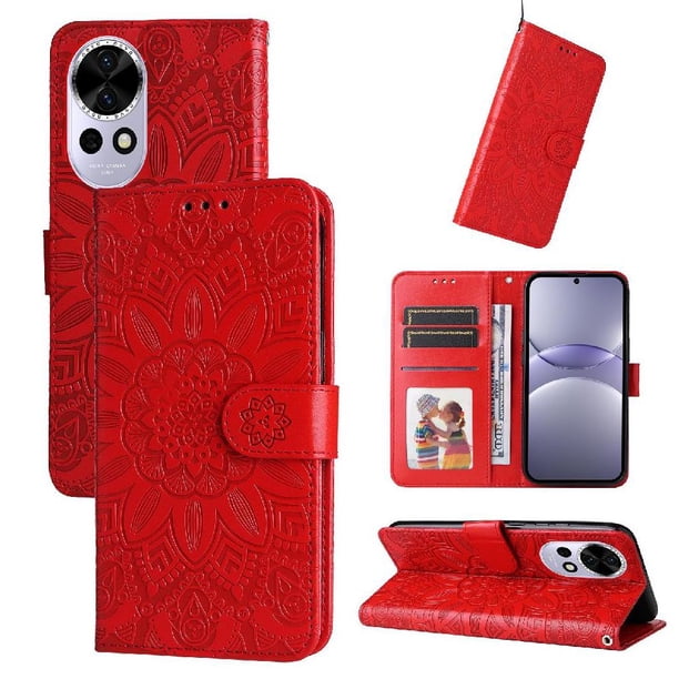 Funda tipo cartera FOXDOCK para Huawei Nova 14 , diseño girasol en relieve, cuero PU, cierre magnético, soporte y tarjetero