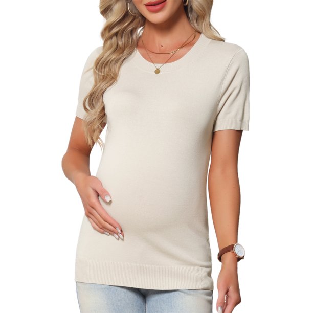 INSPIRE CHIC Top de Maternidad para Mujeres Suéter de Punto Elástico de Manga Corta a Rayas de Verano Embarazo Cuello Redondo Blusa 2XL Blanco