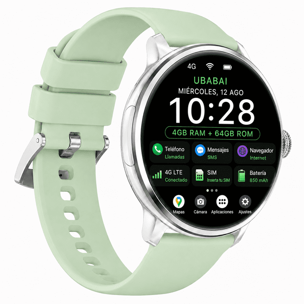 UBABAI Reloj Inteligente Android 10 con SIM 4G LTE AMOLED 1.6", GPS, Wi-Fi, Cámara 2 MP, 4GB+64 GB