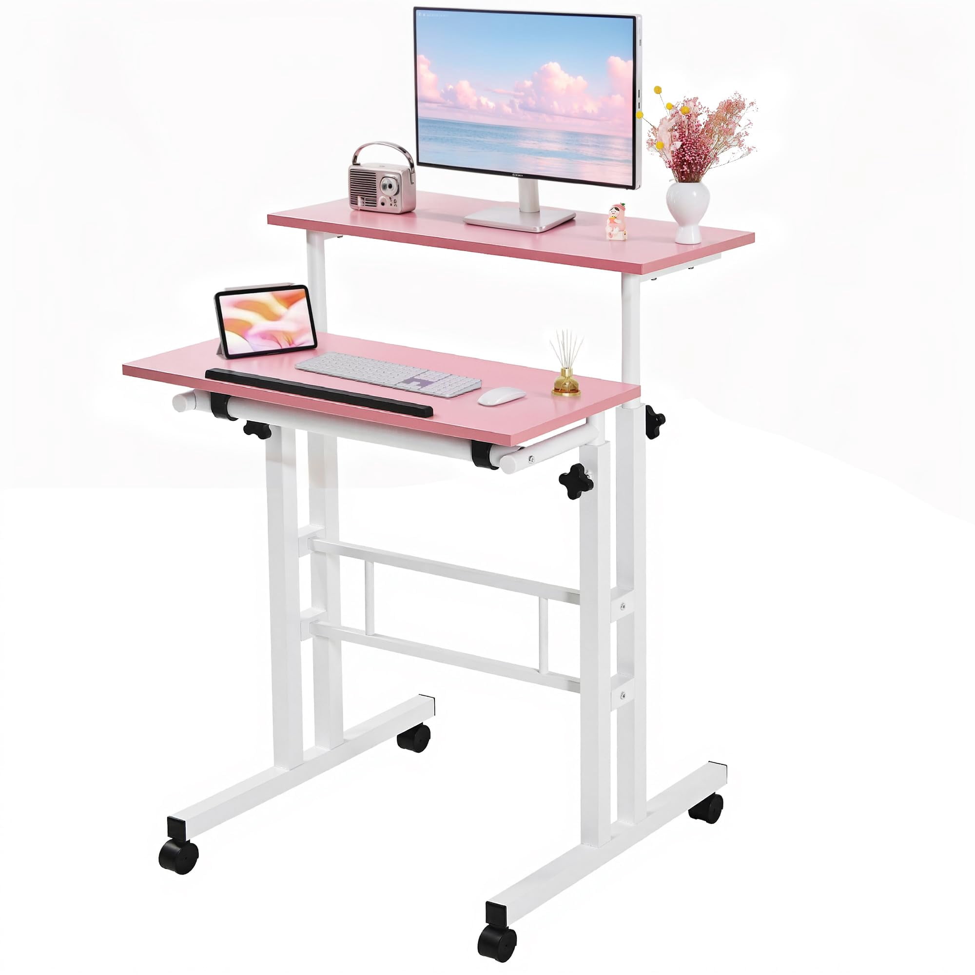Escritorio De Pie Vecelo Portátil Ajustable En Altura 61 Cm Rosa