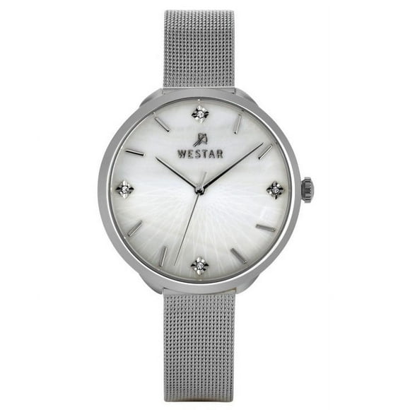 Reloj Zing Con Acentos De Cristal Malla Acero Inoxidable Esfera Blanca Nácar Cuarzo Para Mujer De 38.5 Mm