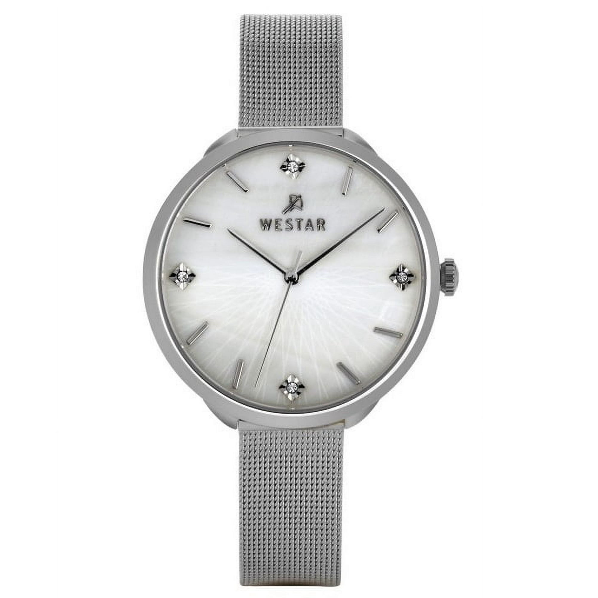 Westar - Reloj Zing Con Acentos De Cristal Malla Acero Inoxidable Esfera Blanca Nácar Cuarzo Para Mujer De 38.5 Mm