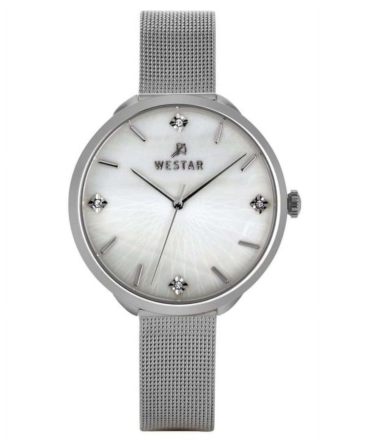 Westar - Reloj Zing Con Acentos De Cristal Malla Acero Inoxidable Esfera Blanca Nácar Cuarzo Para Mujer De 38.5 Mm