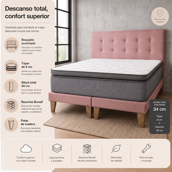 Cama 2 Plazas Base Europea + Colchón 34 cm con topper + Resortes Bonnell + Respaldo Tapizado