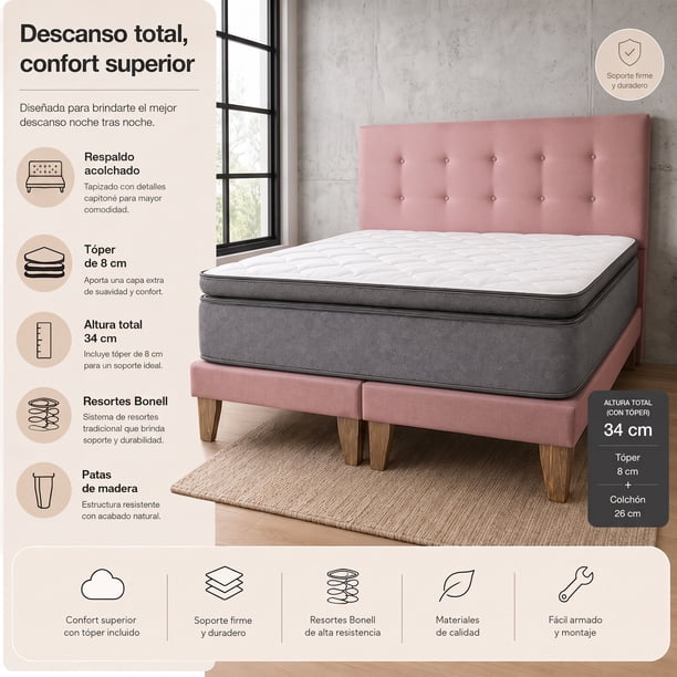 Cama 2 Plazas Base Europea + Colchón 34 cm con topper + Resortes Bonnell + Respaldo Tapizado
