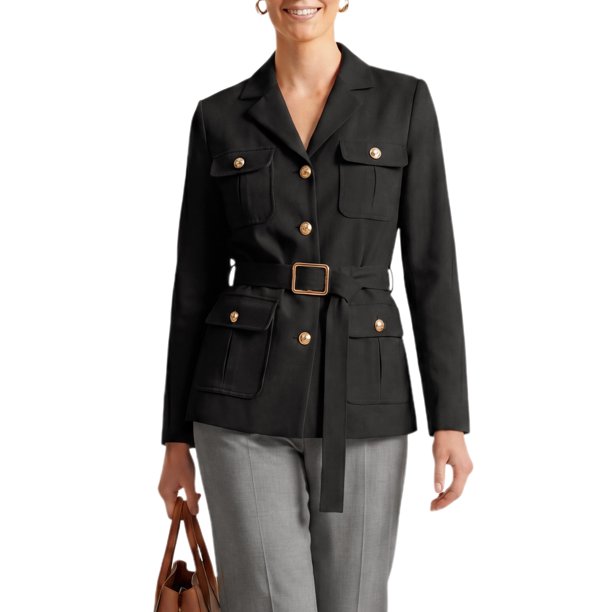 INSPIRE CHIC Chaqueta de Traje de Mujer con Botonadura Simple, Solapa con Muesca, Mangas Largas, Traje de Negocios con Cinturón, Negro Mediano