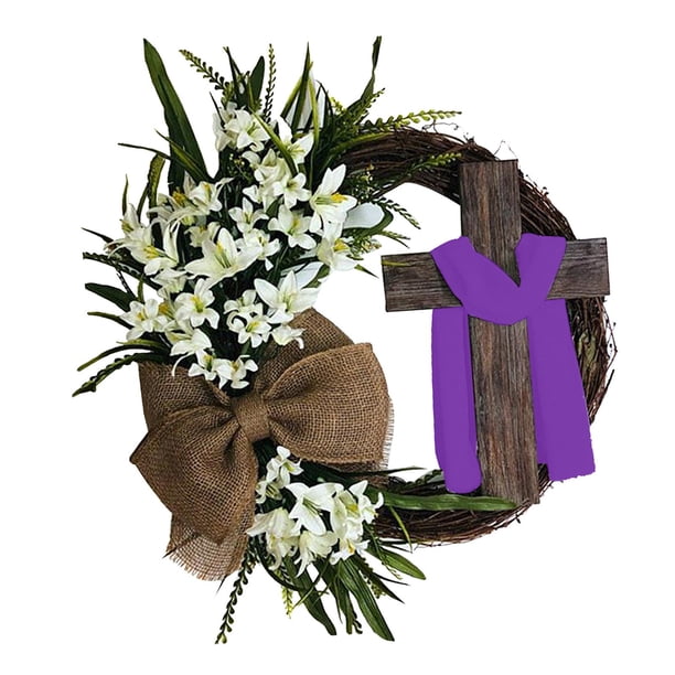 Guirnalda de utilería para fotos con corona de cruz de Pascua de ratán, decoración Floral rústica simulada, corona de puerta delantera para ventana de 35cm Violeta