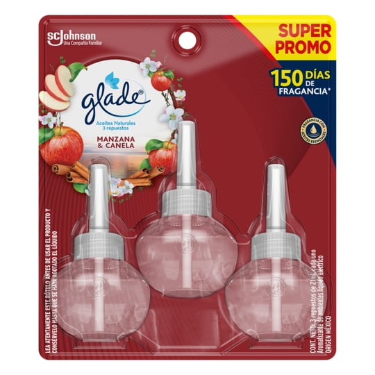 Desodorante Ambiental Eléctrico Repuesto Aceites Naturales Manzana Y Canela Blister 3 Un x 21 ml c/u Glade