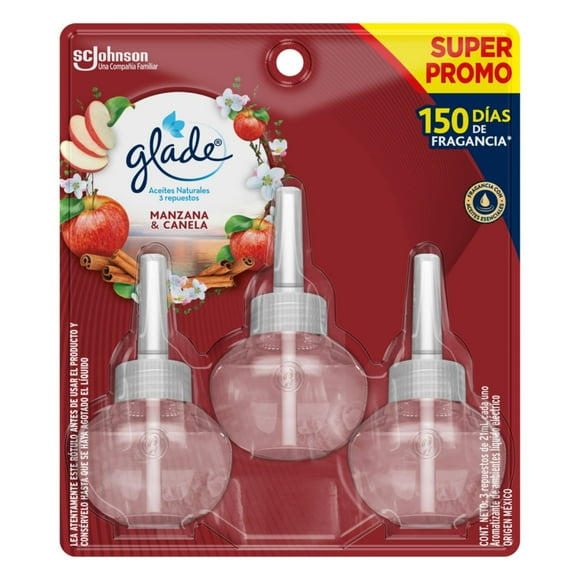 Desodorante Ambiental Eléctrico Repuesto Aceites Naturales Manzana y Canela Blister, 3 Un x 21 ml c/u