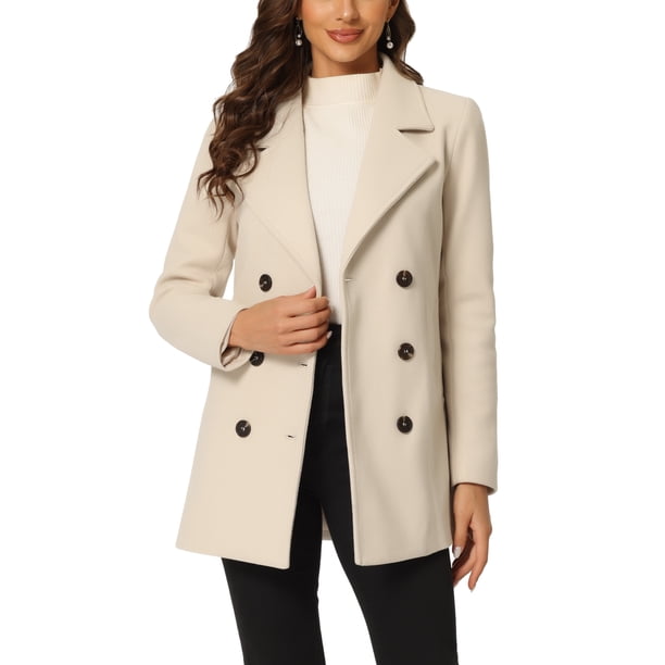 INSPIRE CHIC Abrigos de Invierno para Mujer Manga Larga Solapa Mitad del Muslo Prenda Exterior Doble Botonadura Chaquetón S Beige