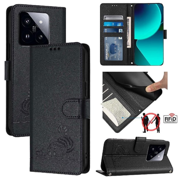 Funda tipo cartera FOXDOCK para Xiaomi 14 Pro 5G con soporte, ranuras, RFID, diseño de gato